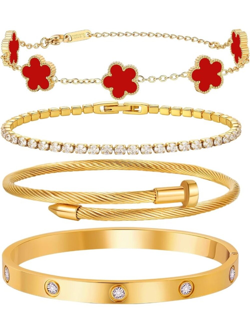 18K Gold Plated Stackable Love Bangles Set of 4 - Floral, Tennis, Adjustable